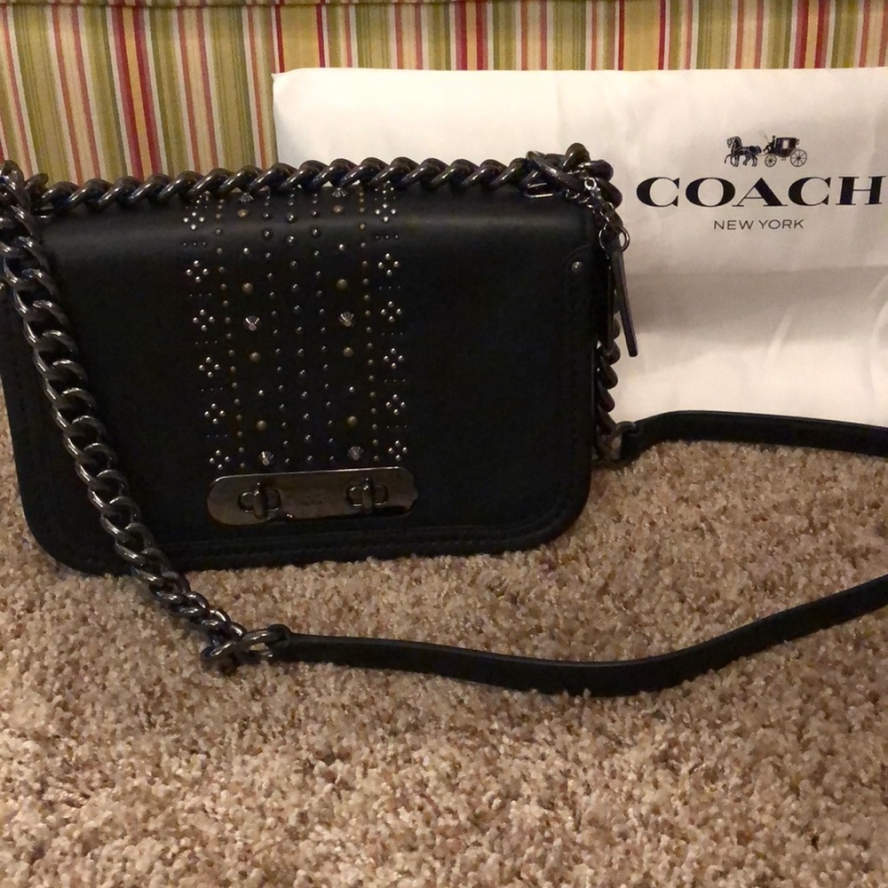 STUDDED BLACK LEATHER COACH CROSSBODY. BRAND NEW.